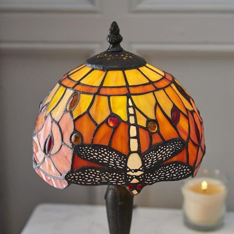 TF Dragonfly Hand-Cut Table Lamp – Vintage Stained Glass for Bedroom or Living Room