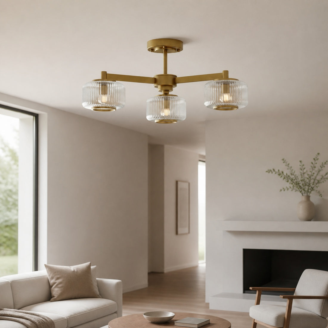 Canovus Ceiling Fixture with Ribbed Glass - Industrial Metal Living Room Light