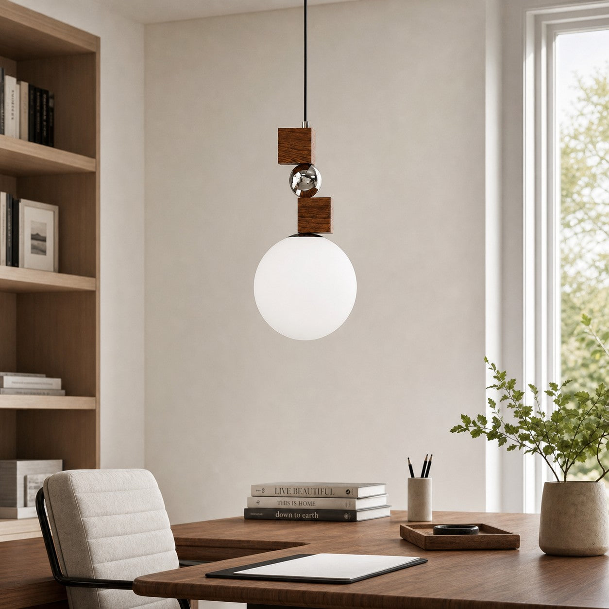 Luma Walnut pendant light above a home office desk