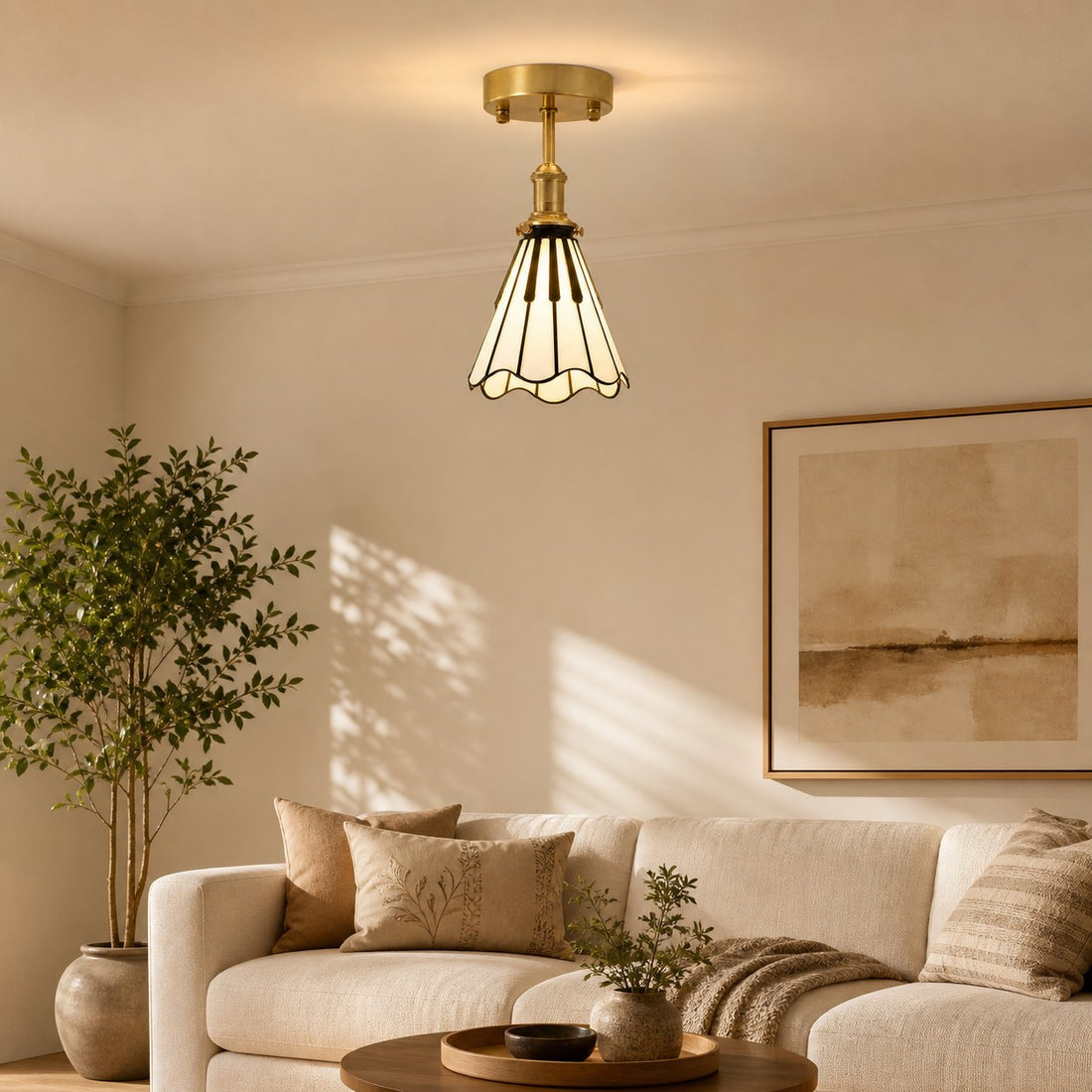 Piano key flush mount ceiling light in a warm living room
