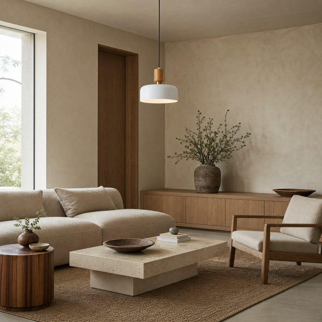 Orbulis Natural Wood Grain Circular Pendant – Modern Minimalist Light for Islands and Foyers