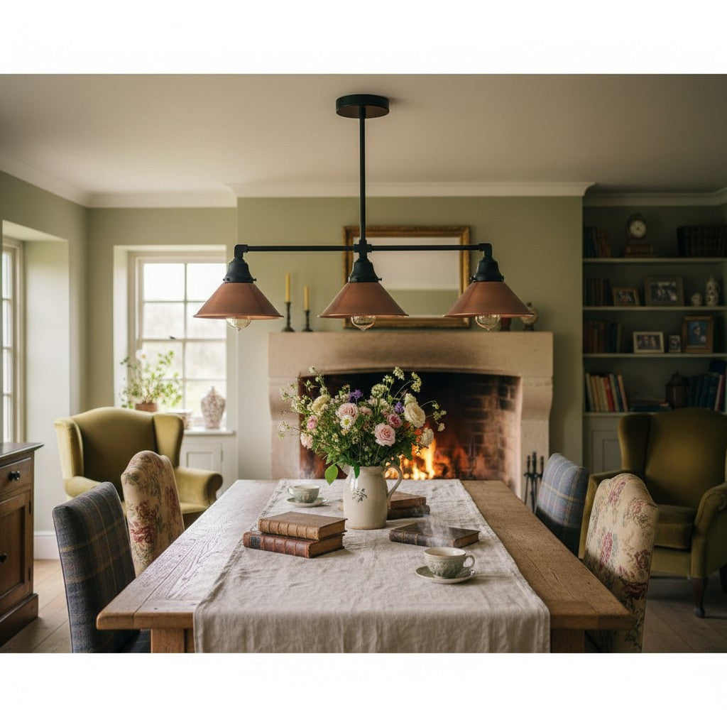 Conique Metal Aged Copper Three-Light Pendant – Sleek Industrial Fixture for Dining Rooms