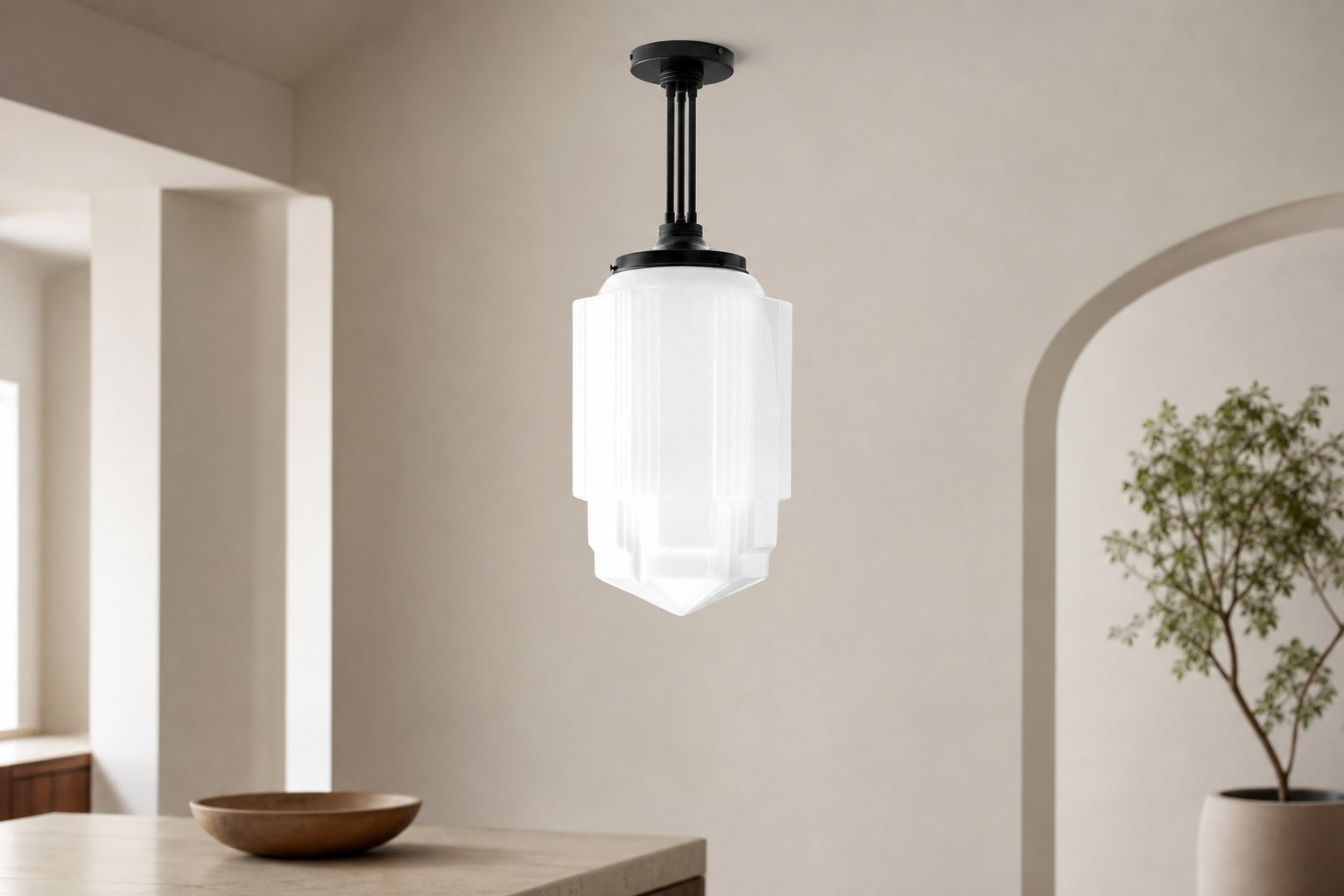Geotower Glass Brass Pendant – Opal Globe Art Deco Hanging Light
