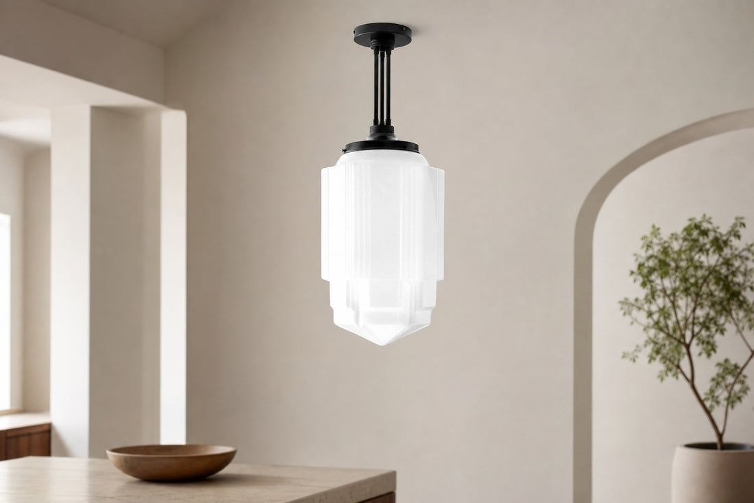 Geotower Glass Brass Pendant – Opal Globe Art Deco Hanging Light