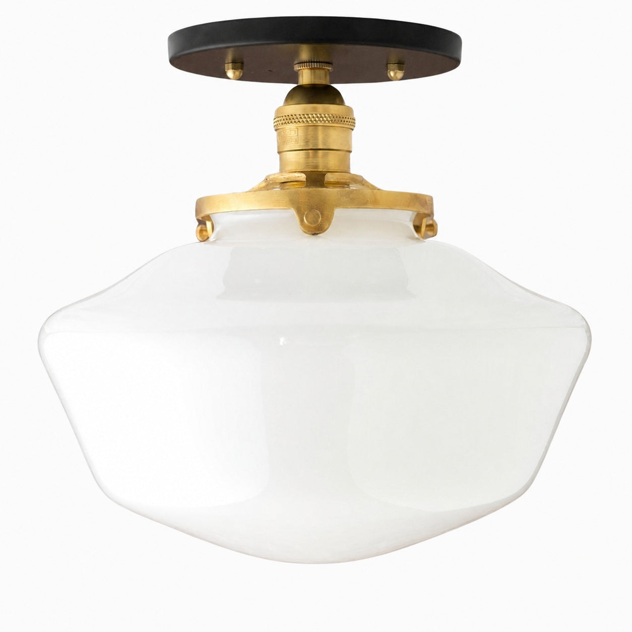 Geotower Glass Brass Ceiling Light - Opal Glass Schoolhouse Shade - Modern Elegance
