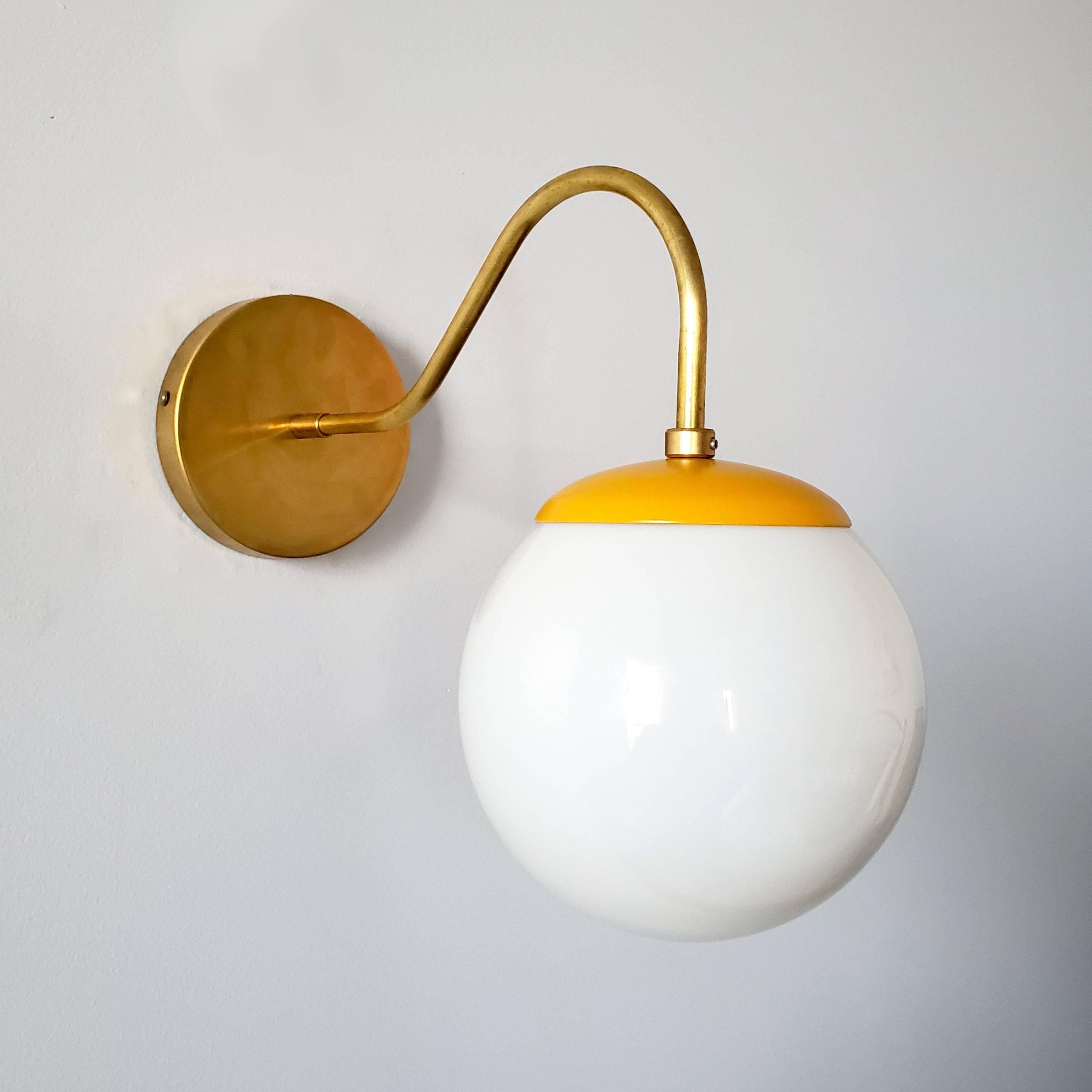 Brass Wall Lamp Sconce - Curved Arm with Handblown Frosted Glass