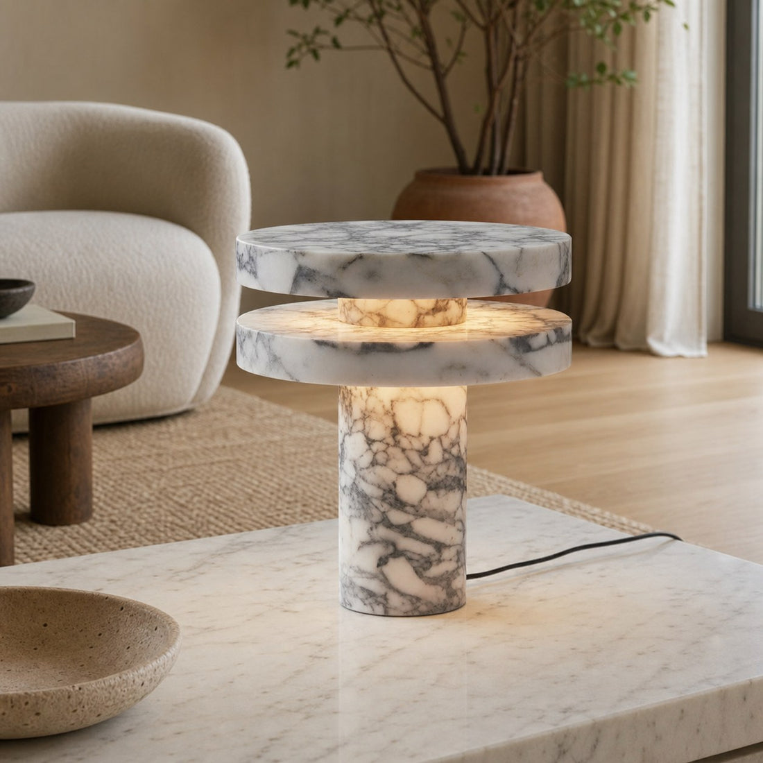 Modern Sculptural Table Lamp with Cylindrical Base Design for Bedroom Bedside and Living Room Use