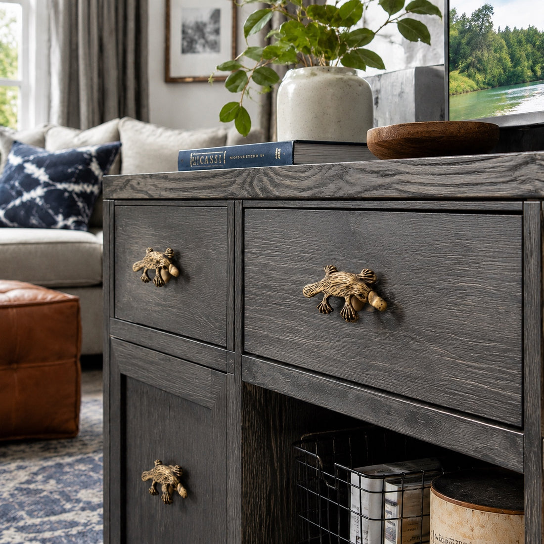 Distressed Totem cabinet handles on dark cabinet
