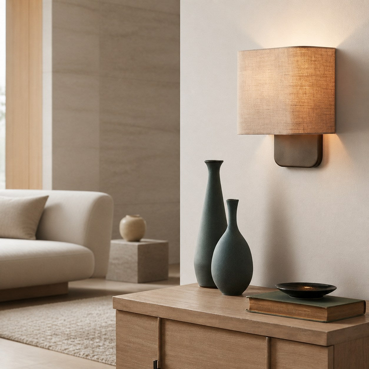 Nolvara Contemporary Fabric-Shade Wall Light – Minimalist Metal Fixture for Bedroom Hallway
