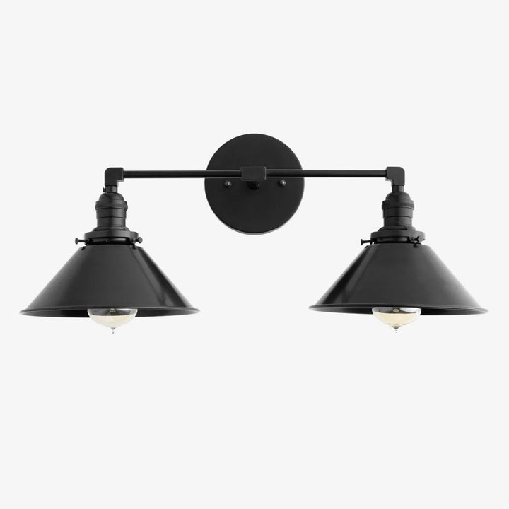 Conique Metal Dual Black Sconce with Cone Shades - Industrial Vanity Wall Light for Mirror