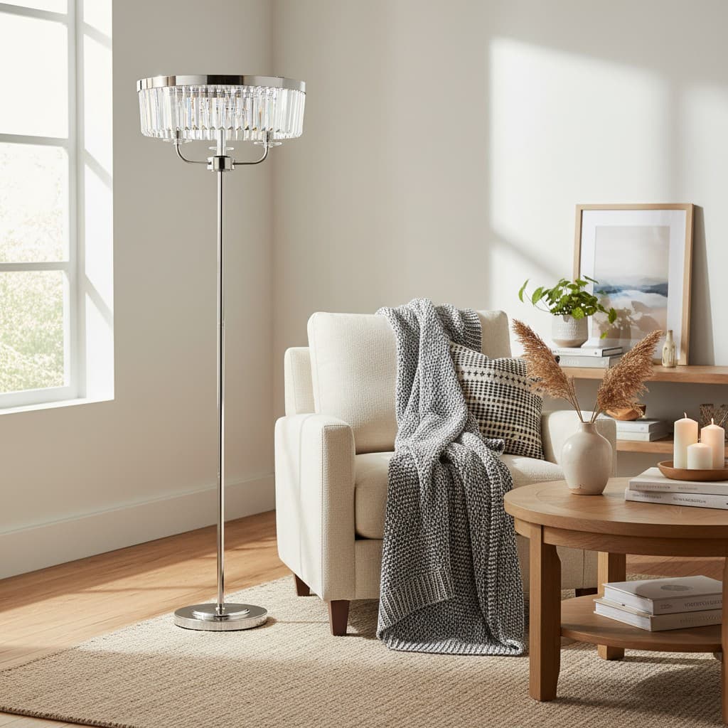 Beveline 3 Light Round Floor Lamp - Faceted Cut Glass Shades Classic Metal Finish For Living Rooms