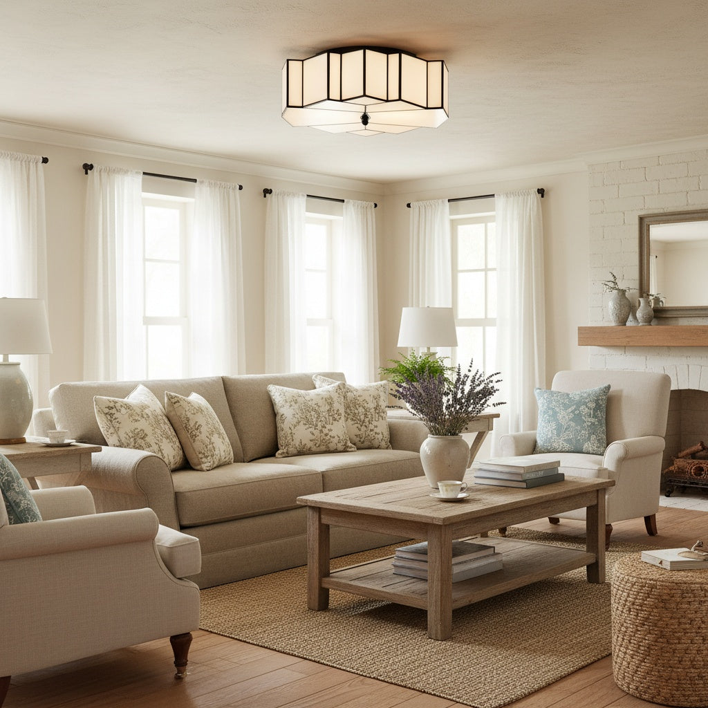 Kelsar Art Deco Tiffany Ceiling Light – Geometric Stained Glass Flush Mount Fixture for Living Room