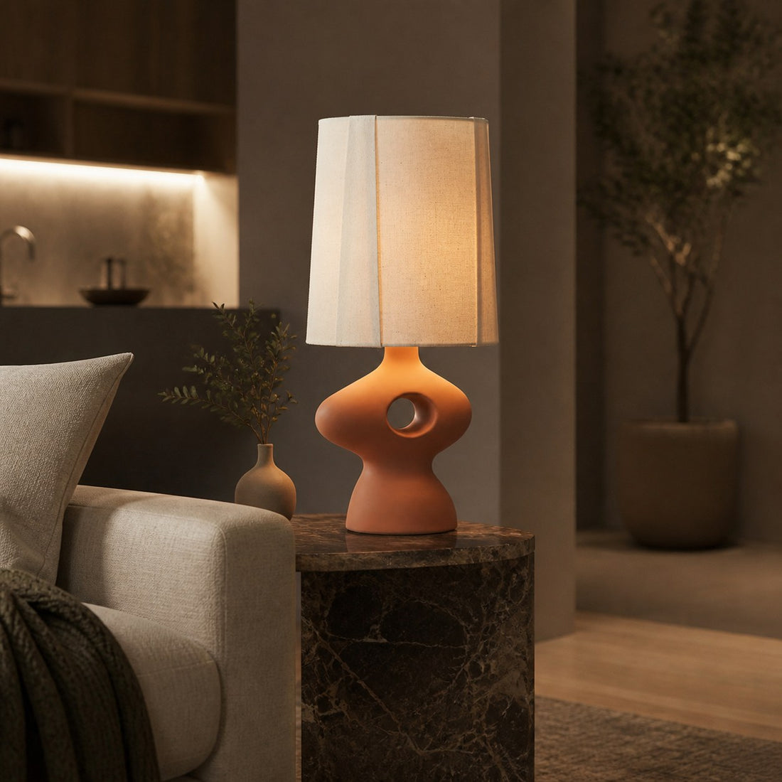 Pryssa Ceramic Table Lamp with Ivory Linen Shade -  Artistic Lighting for Living Room or Bedroom