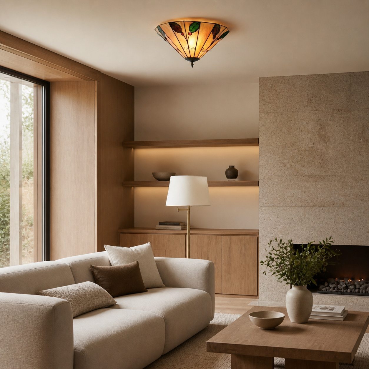 TiffStar Leaf Flush Ceiling Light with Art Glass Shade for Living Room