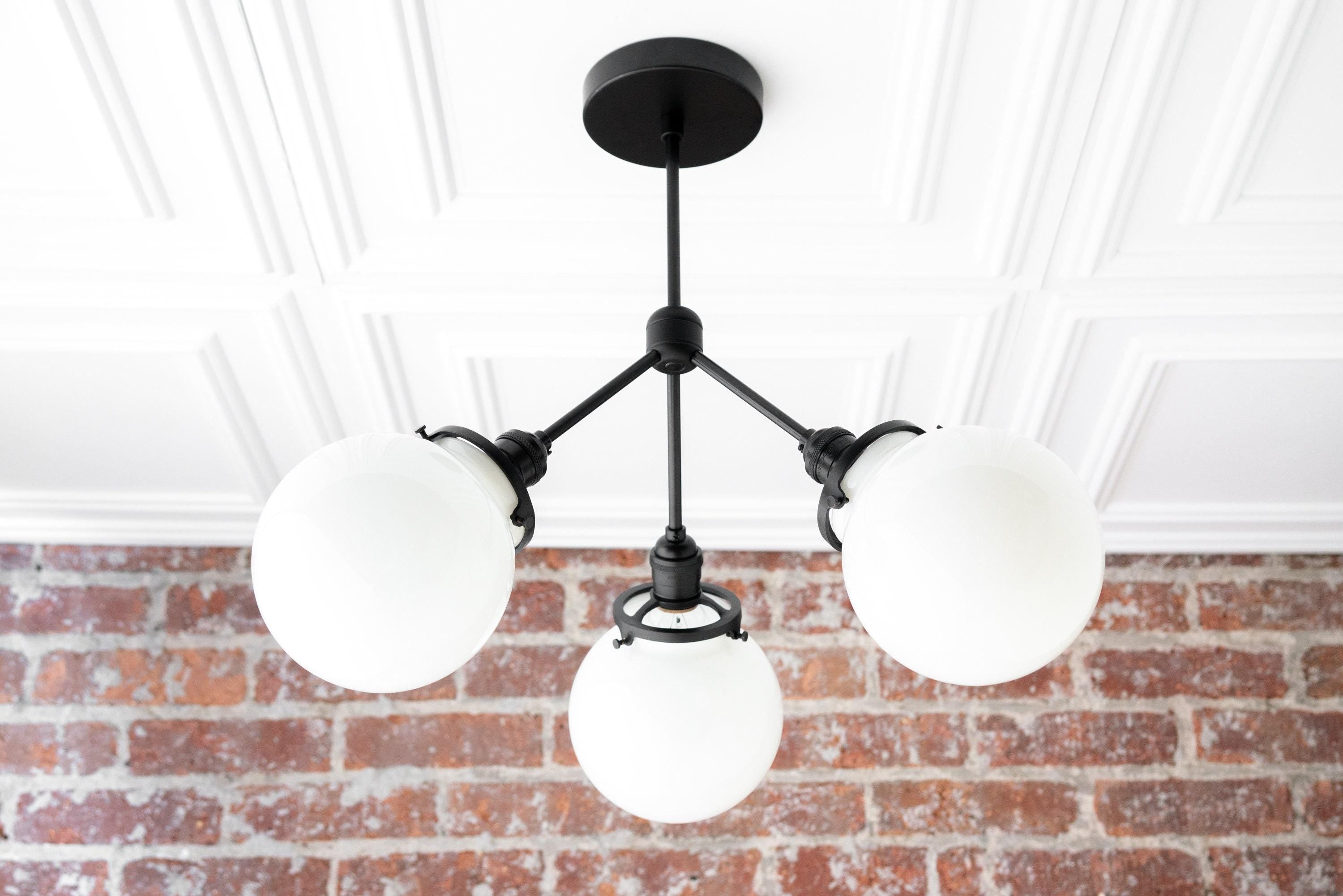 Glorica Glass Chandelier - Brass Globe Ceiling Light with Opal Shade