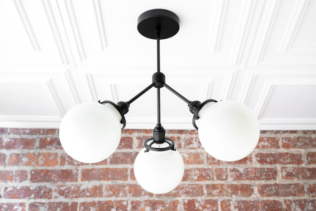 Glorica Glass Chandelier - Brass Globe Ceiling Light with Opal Shade