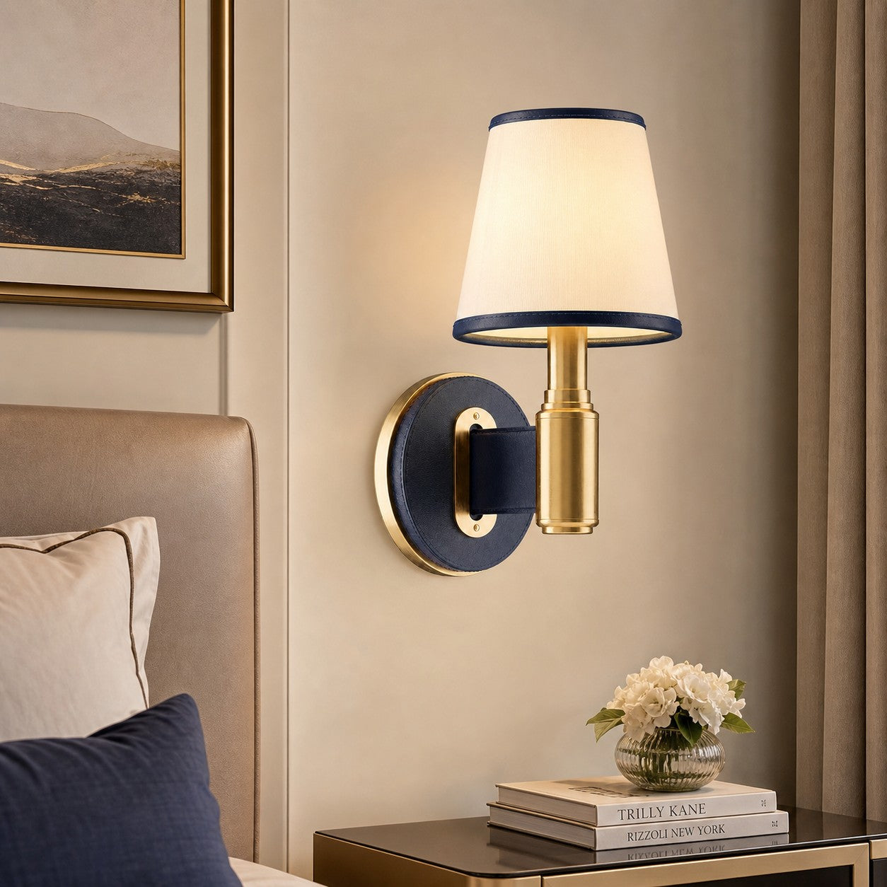 Navy leather wall lamp in a refined bedroom