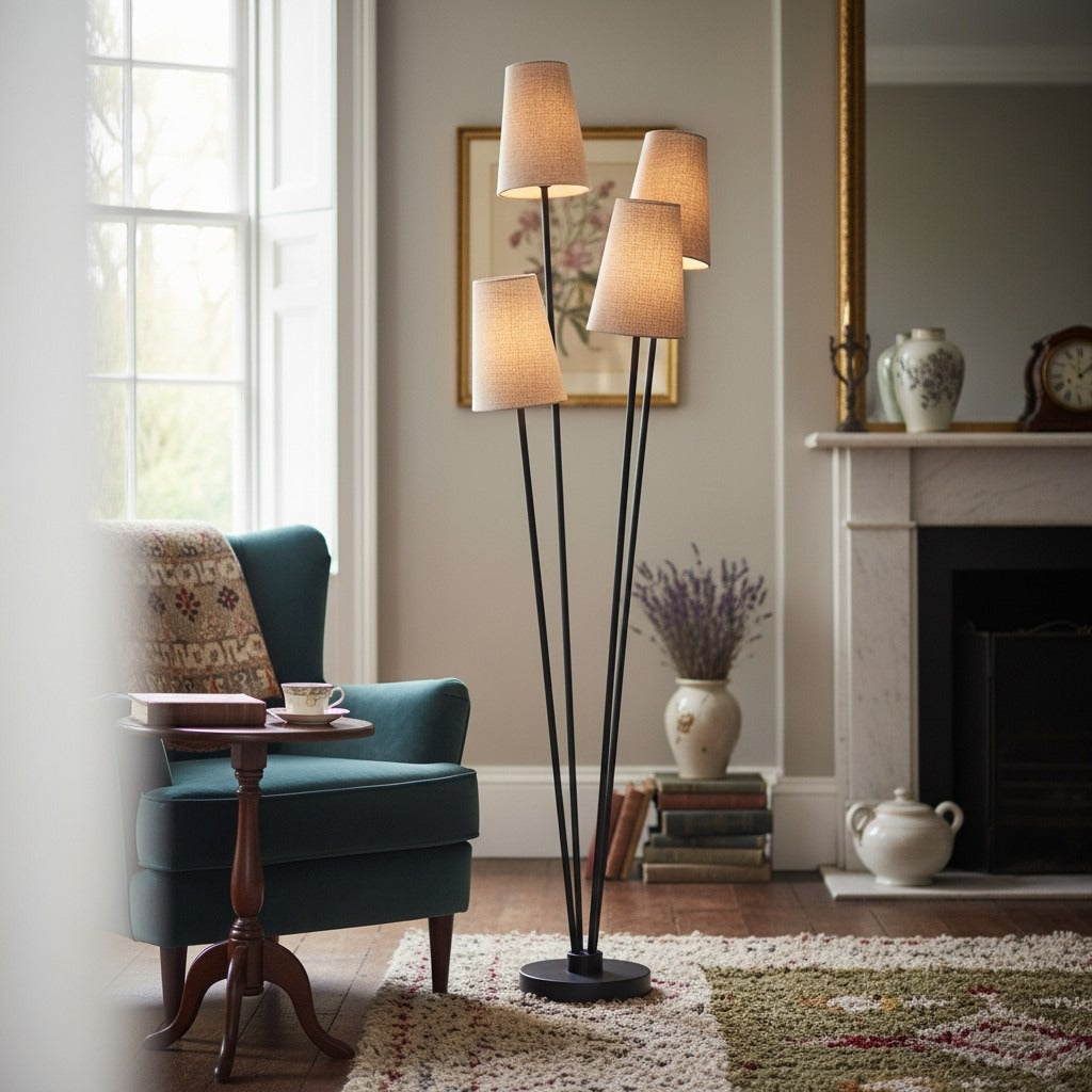 Duova 4 Light Floor Lamp – Fabric Shade Floor Lamp for Reading Corners or Living Spaces