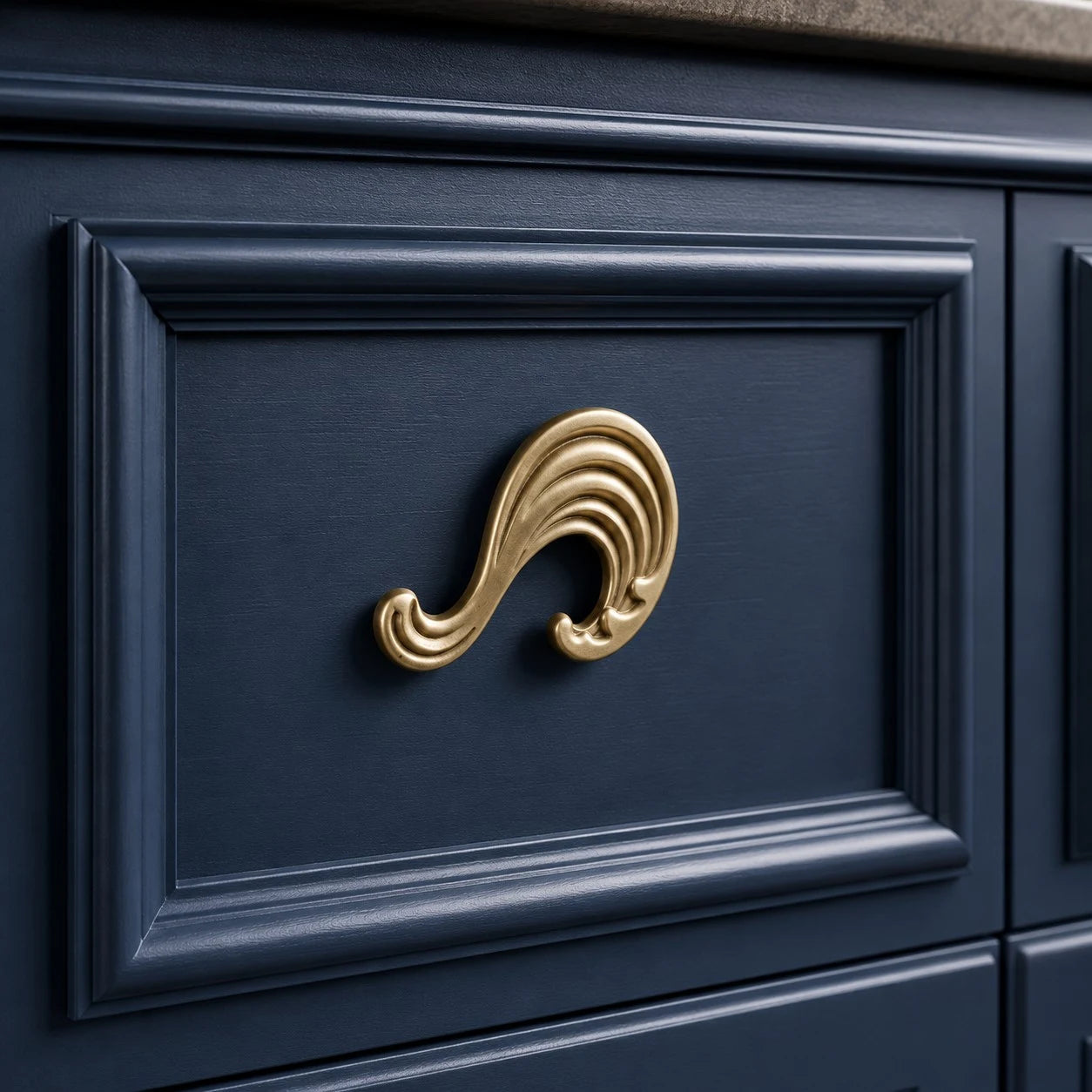 Wave Natural Brass cabinet knob installed scene