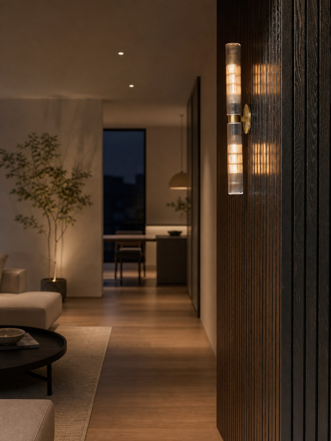 Rivora Modern Fluted Glass Wall Light - Double Short Indoor Outdoor Sconce