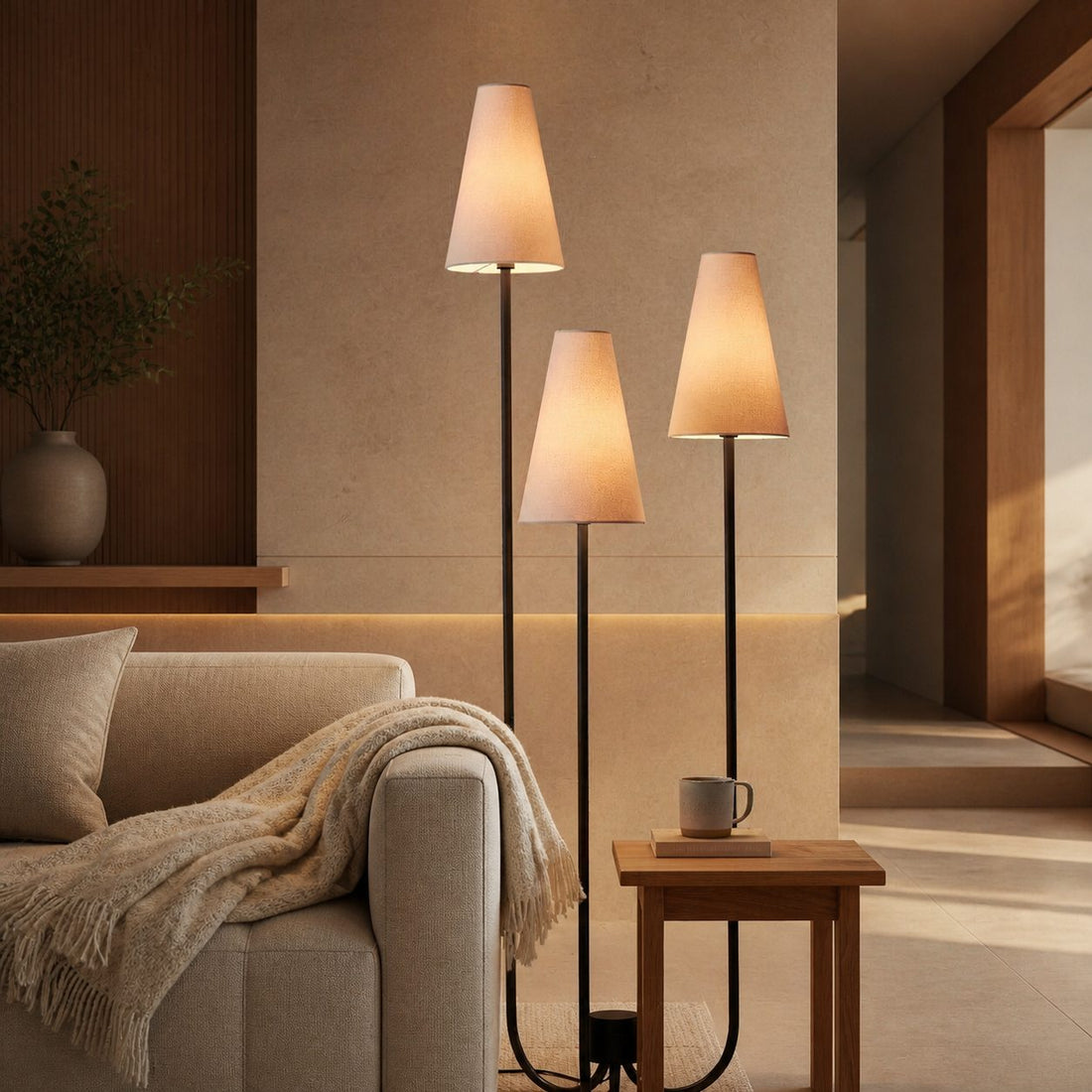 Cordove Three-Tapered Shade Floor Lamp – Modern minimalist Metal Fabric Light for Living Room