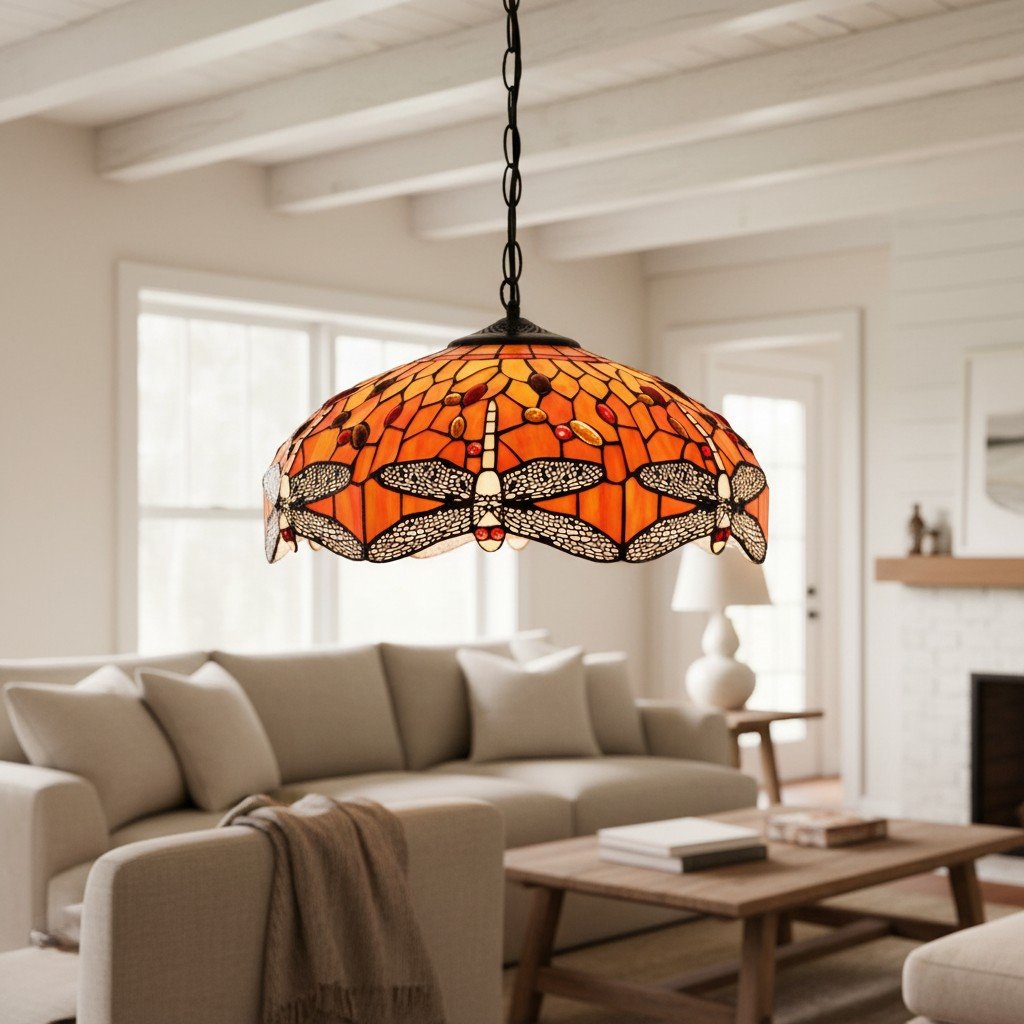 TF Dragonfly Blue Tiffany Pendant Light – Art Nouveau Stained Glass Pendant for Living