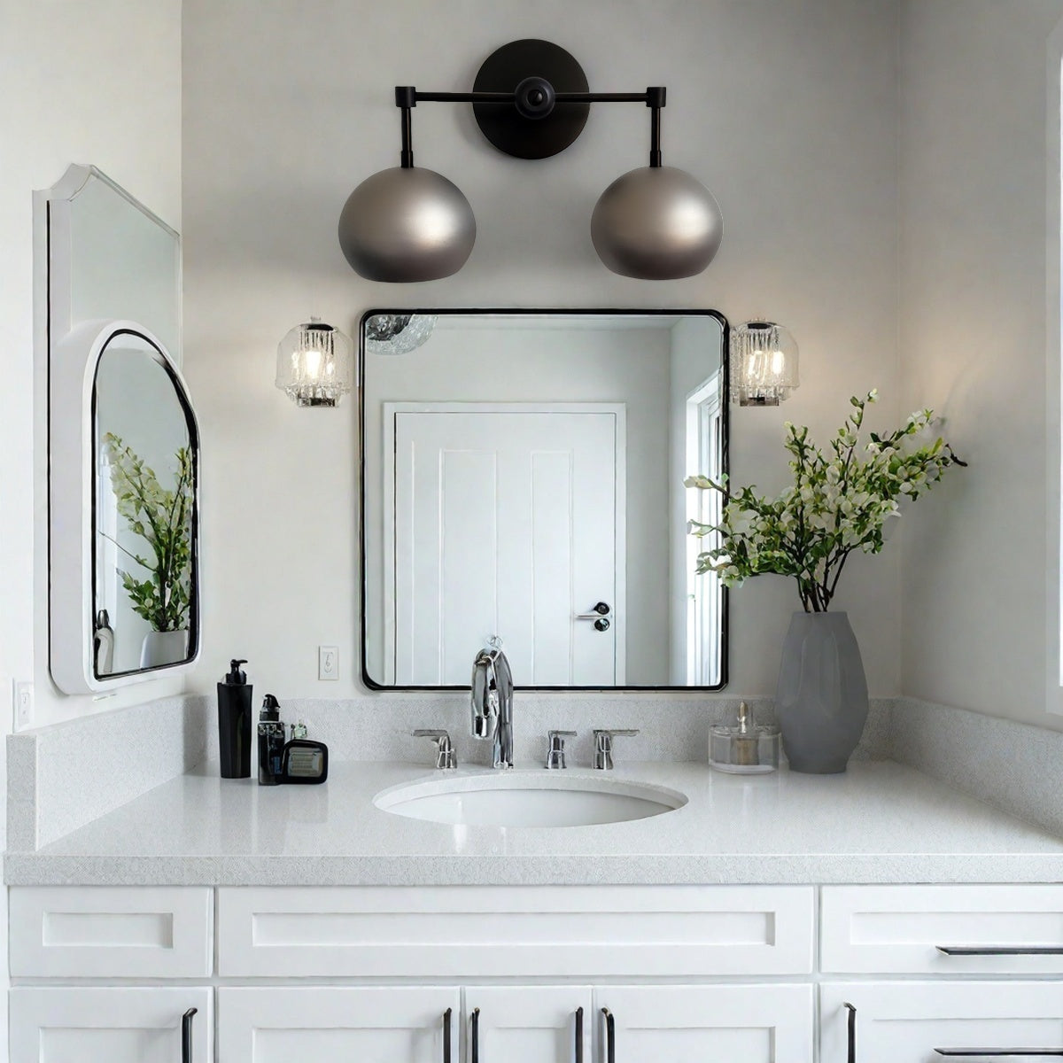 Steel Wall Sconce - Double Head Metal Silver Vanity Bathroom Wall Lamp