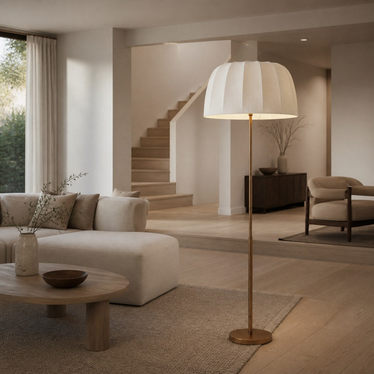 Vellaro Brass Floor Lamp with Fabric Shade – Modern Standing Light for Living Room or Bedroom