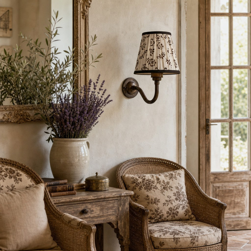Solmire Fabric Wall Sconce - Vintage Linen Cotton Shade with Curved Metal Arm for Bedroom and Hallway