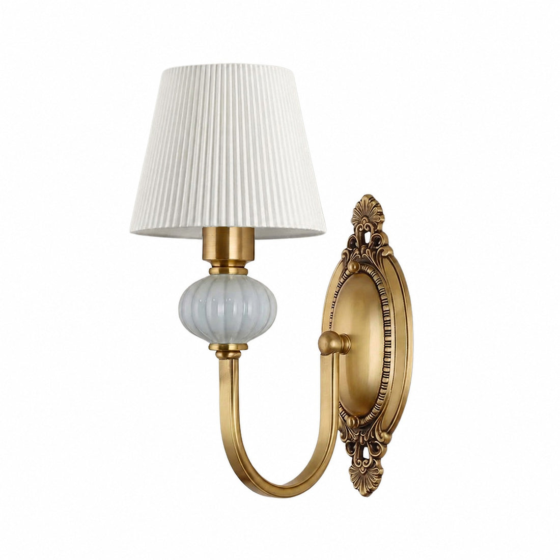 Rowanea Ceramic Wall Sconce with Fabric Shade and Metal Finish – Farmhouse Modern Hallway Light