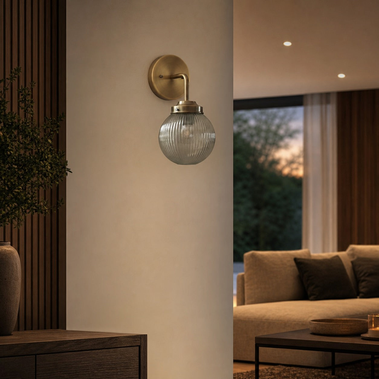 Glorica Glass Aged Brass Wall Sconce - Ribbed Glass Shade Industrial Style Lighting