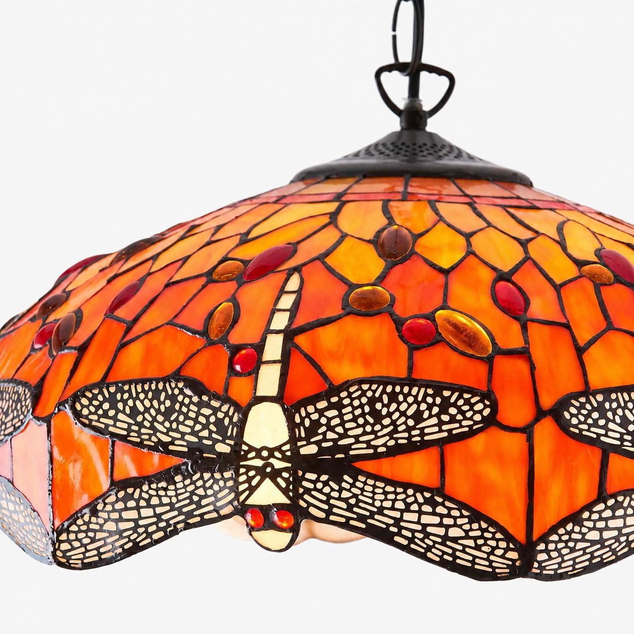 TF Dragonfly Tiffany Pendant Light – Art Nouveau Stained Glass Pendant for Living