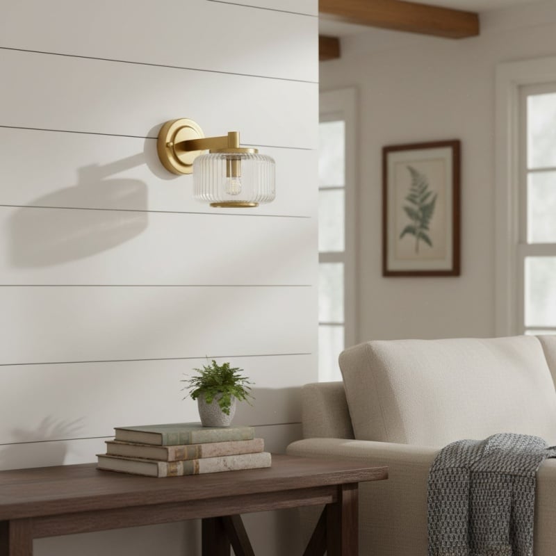 Canovus Ribbed Glass Shade Wall Lamp - Elegant Brass Sconce for Living Room Lighting