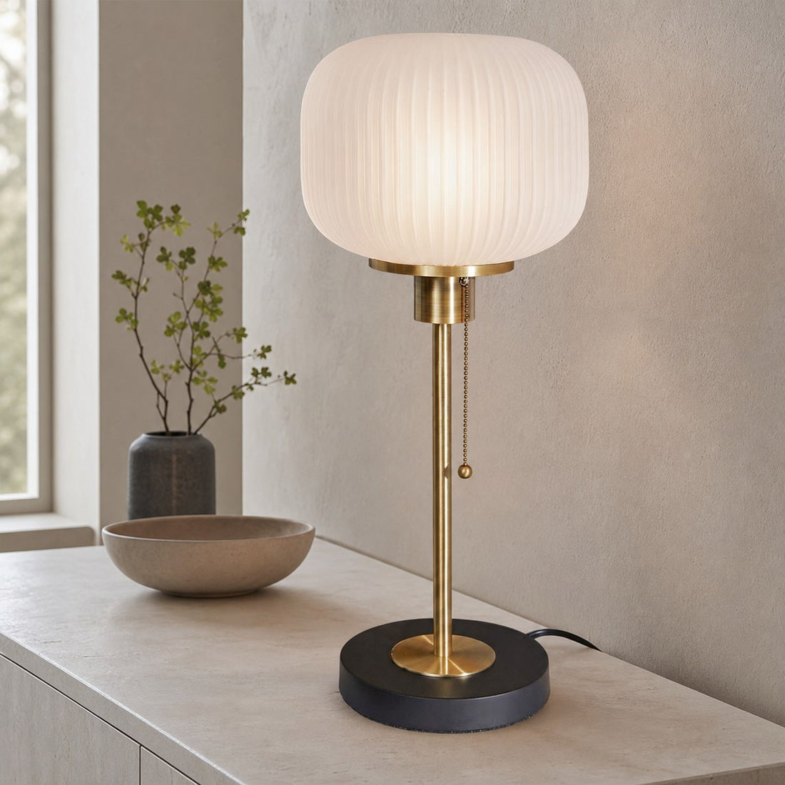 Pelviona Ribbed Glass Table Lamp - Brass & Black Metal Base - Must-Have for Home Styling
