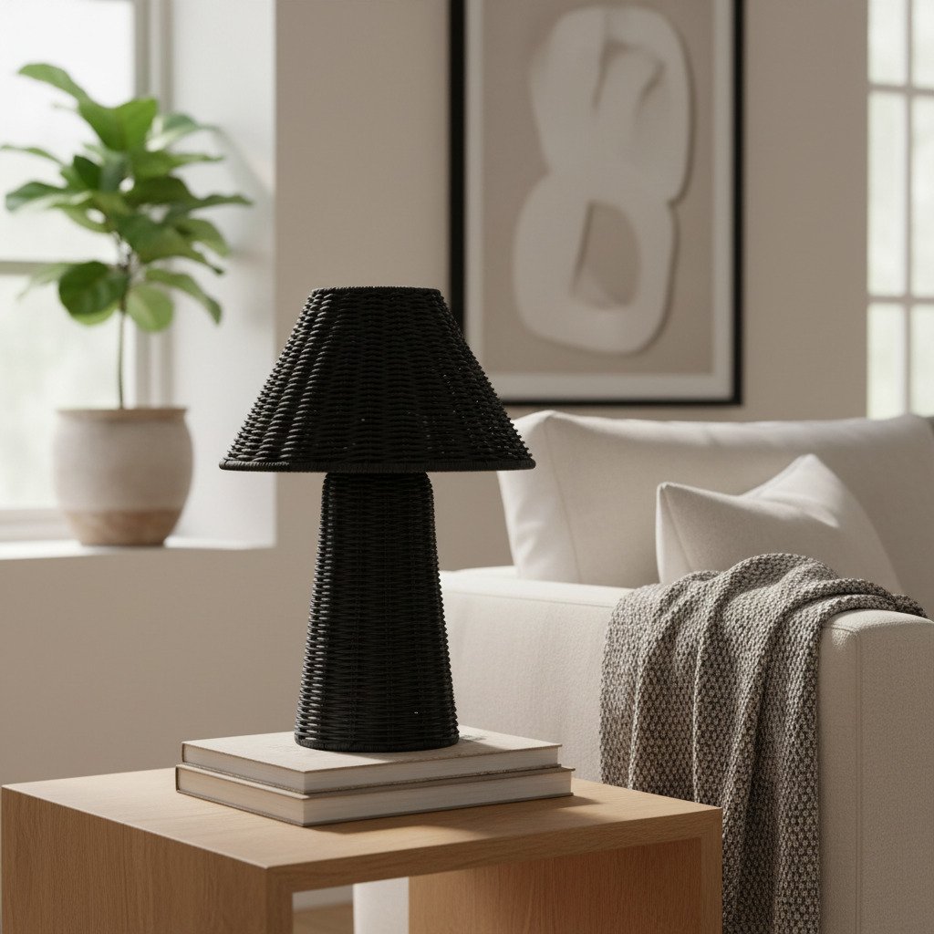 Wickara Sculptural Rattan Mini Table Lamp - Natural Woven Finish Suitable for Side Tables & Entryways