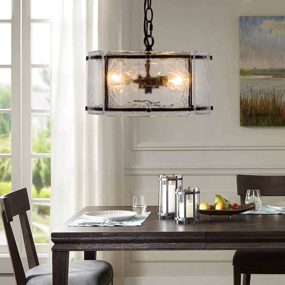 Water Ripple Drum Pendant Light - Matte Black Clear Glass 3-Light Chandelier
