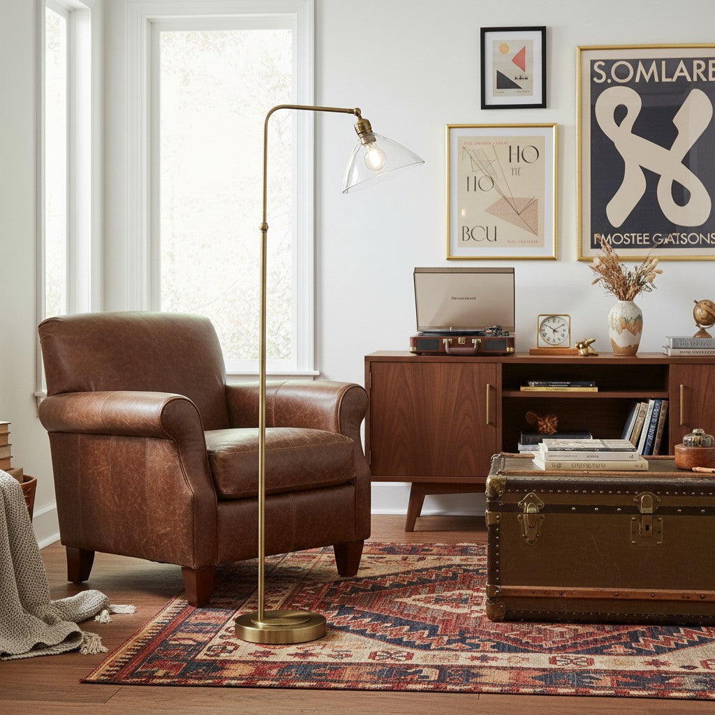 Clarione Art Deco Floor Lamp with Clear Glass Shade and Metal Base