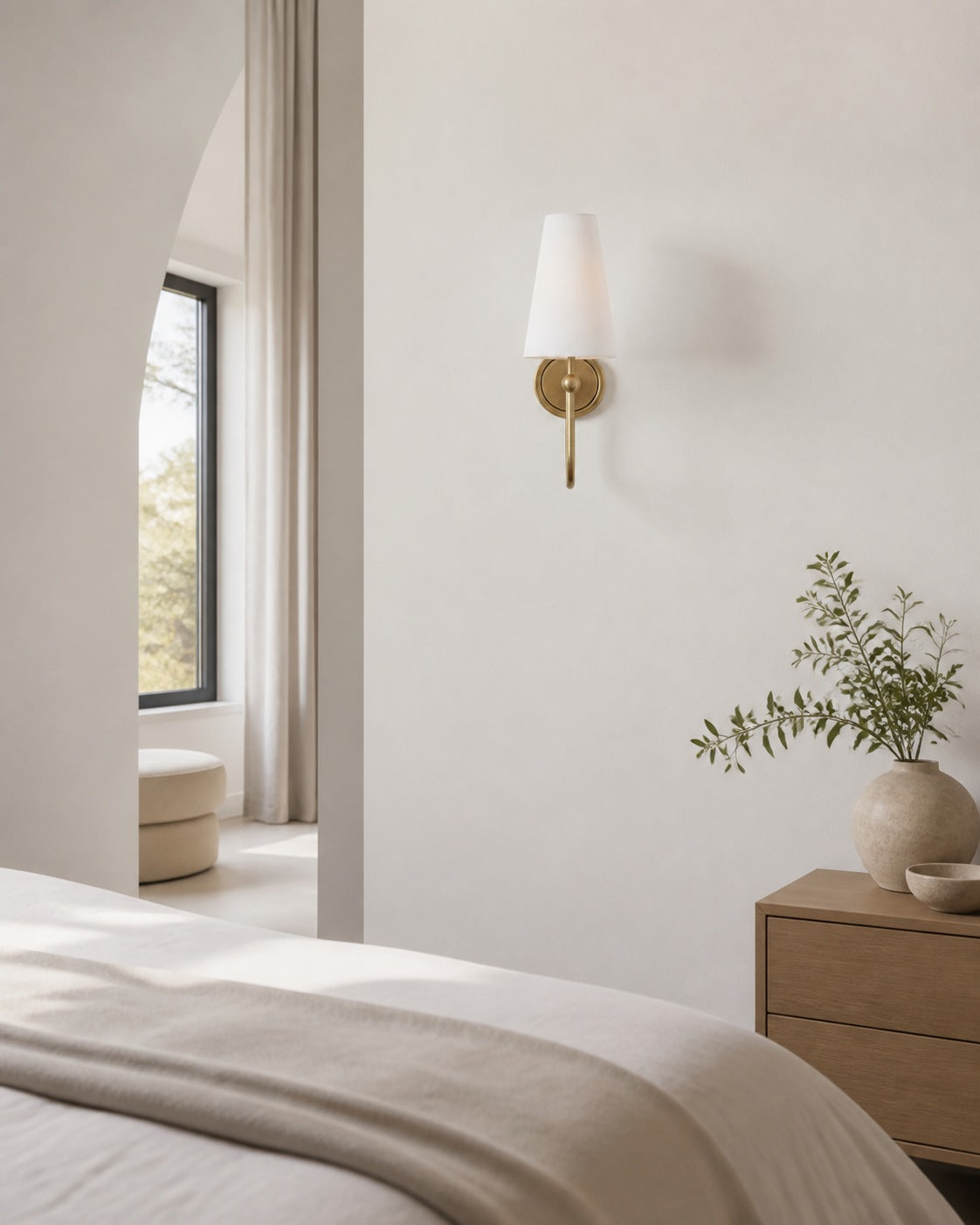 Serena Elegant Swoop Arm Sconce – Modern Fabric Shade Wall Lamp for Hallway and Bedroom