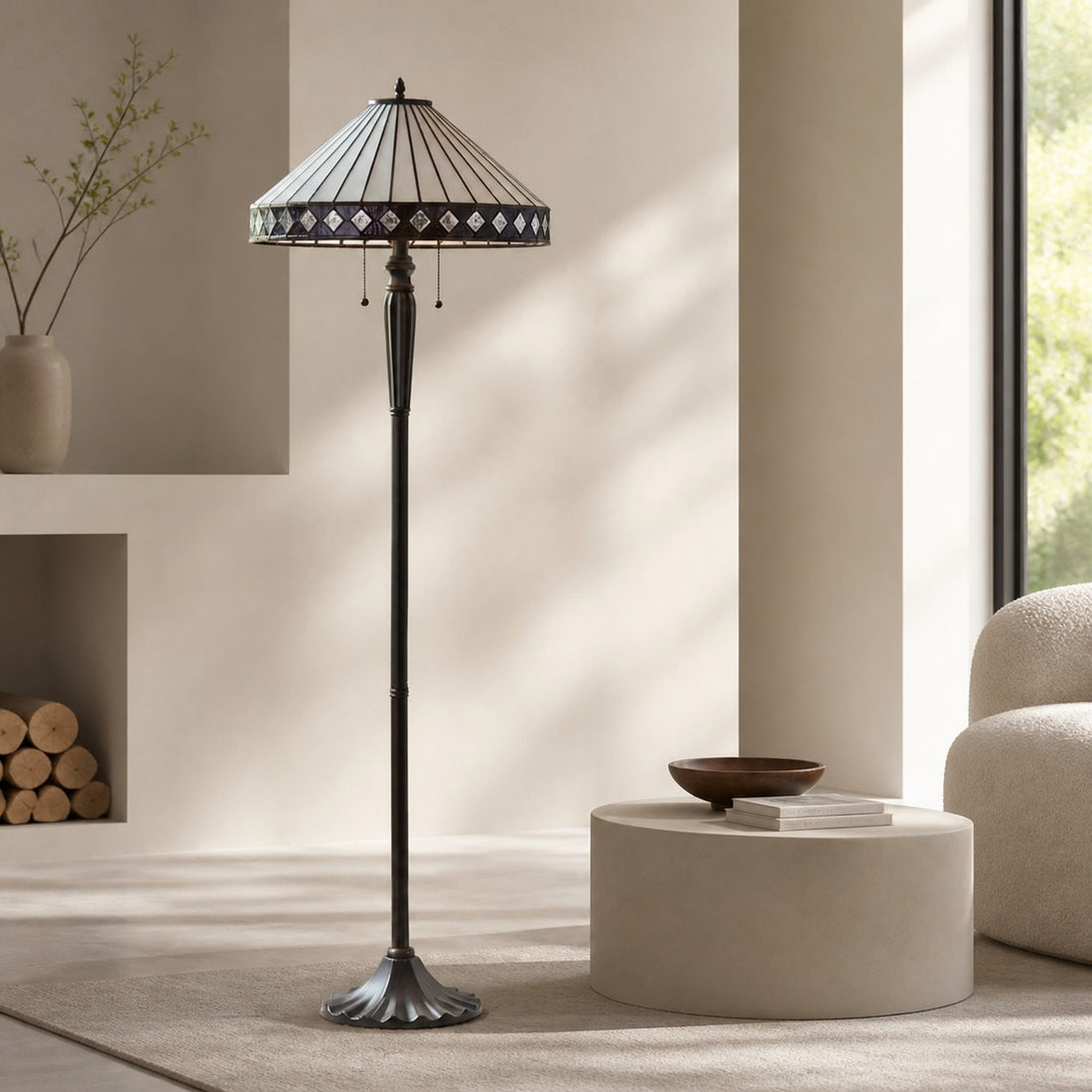 TiffStar Art Glass Floor Lamp with Ornamental Pattern Shade – Standing Light for Living Rooms