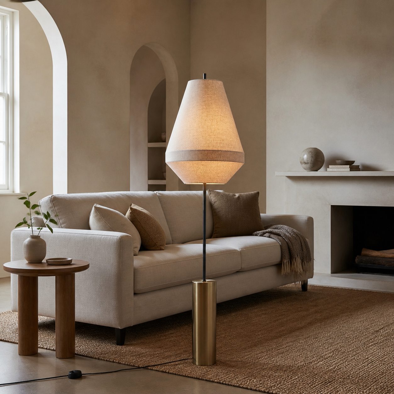 Zalen Floor Lamp - Layered Linen Pendant Design Aged Brass-Metal Lamp for Living Room