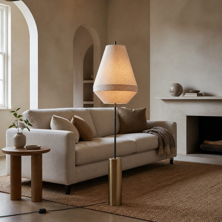 Zalen Floor Lamp - Layered Linen Pendant Design Aged Brass-Metal Lamp for Living Room