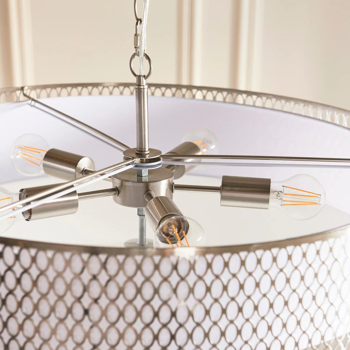 Liorin Geometric Pendant Lamp – Modern Fretwork Metal and Fabric Shade Pendant for Interiors