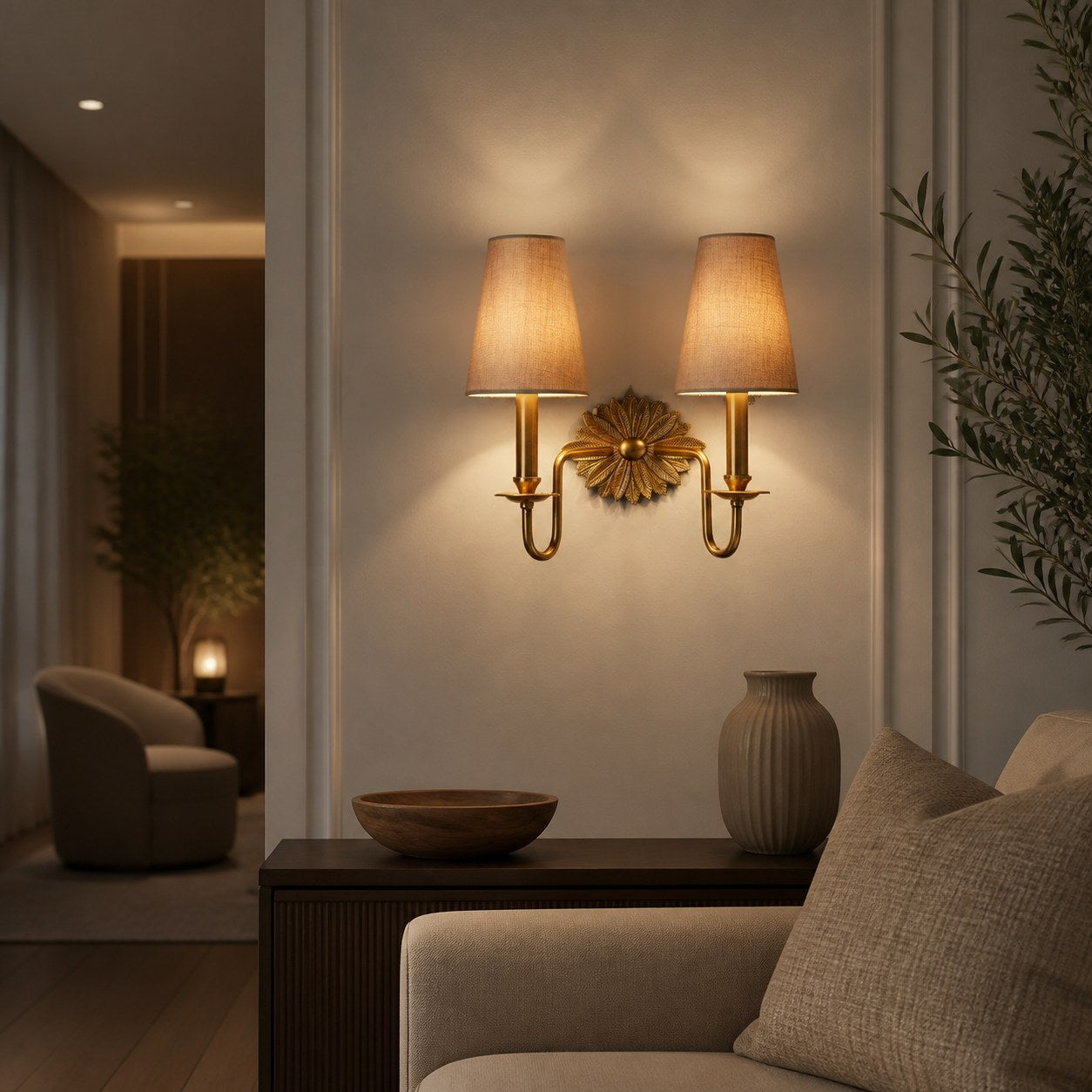 Duova Double Sconce – Antique Brass Metal and Linen Shades for Bedroom or Study