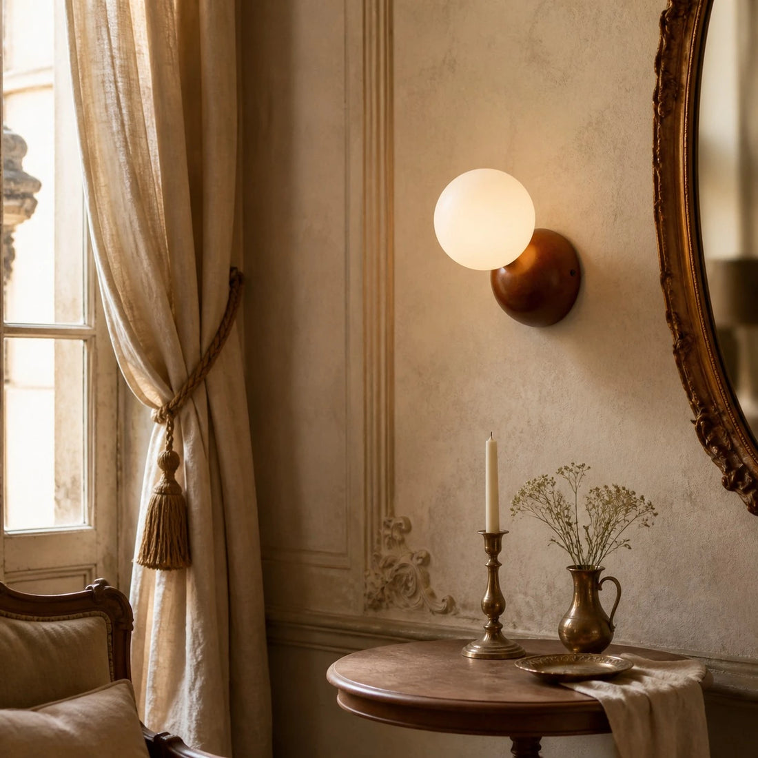 Luma walnut wall sconce in a vintage-inspired room