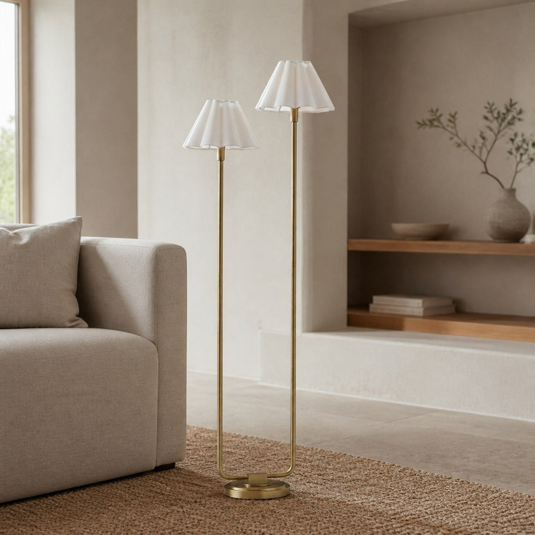 Duova Minimalist 2‑Light Floor Lamp - Modern Pleated Fabric Metal Light for Bedroom or Living Room