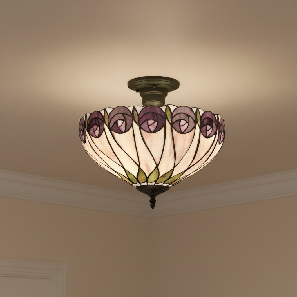 TF Hutchinson Tiffany Ceiling Light with Mackintosh Rose for Living and Dining Rooms