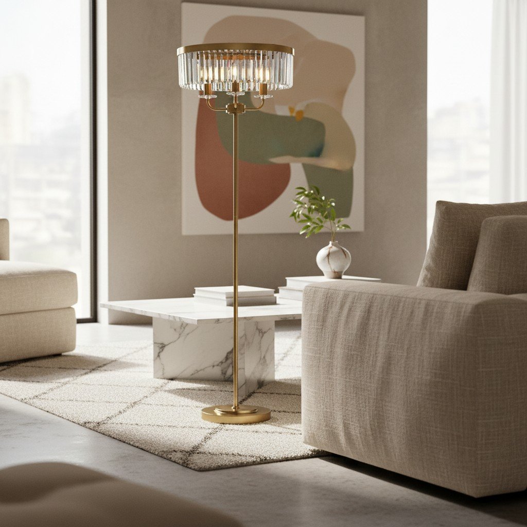 Beveline 3 Light Round Floor Lamp - Faceted Cut Glass Shades Classic Metal Finish For Living Rooms