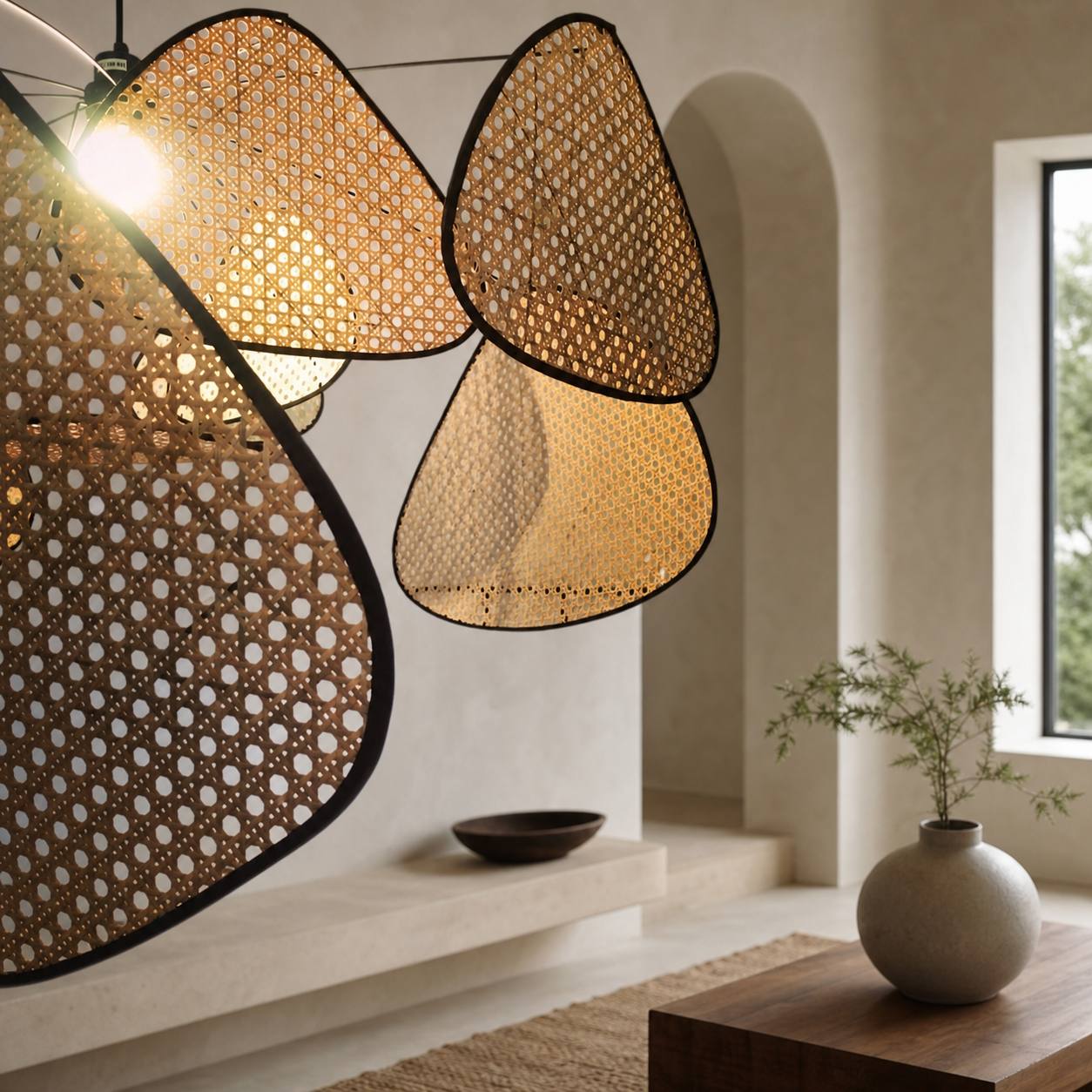 Rivana Modern Woven Rattan Chandelier – Metal Bamboo Pendant Light for Kitchens and Lounges N41