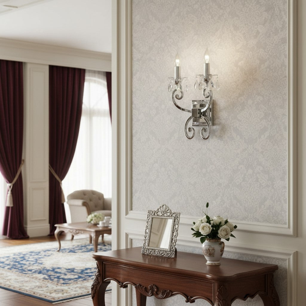 Talonis Crystal Accent Wall Light – Curved Chrome Arm Design for Living and Hallway Spaces