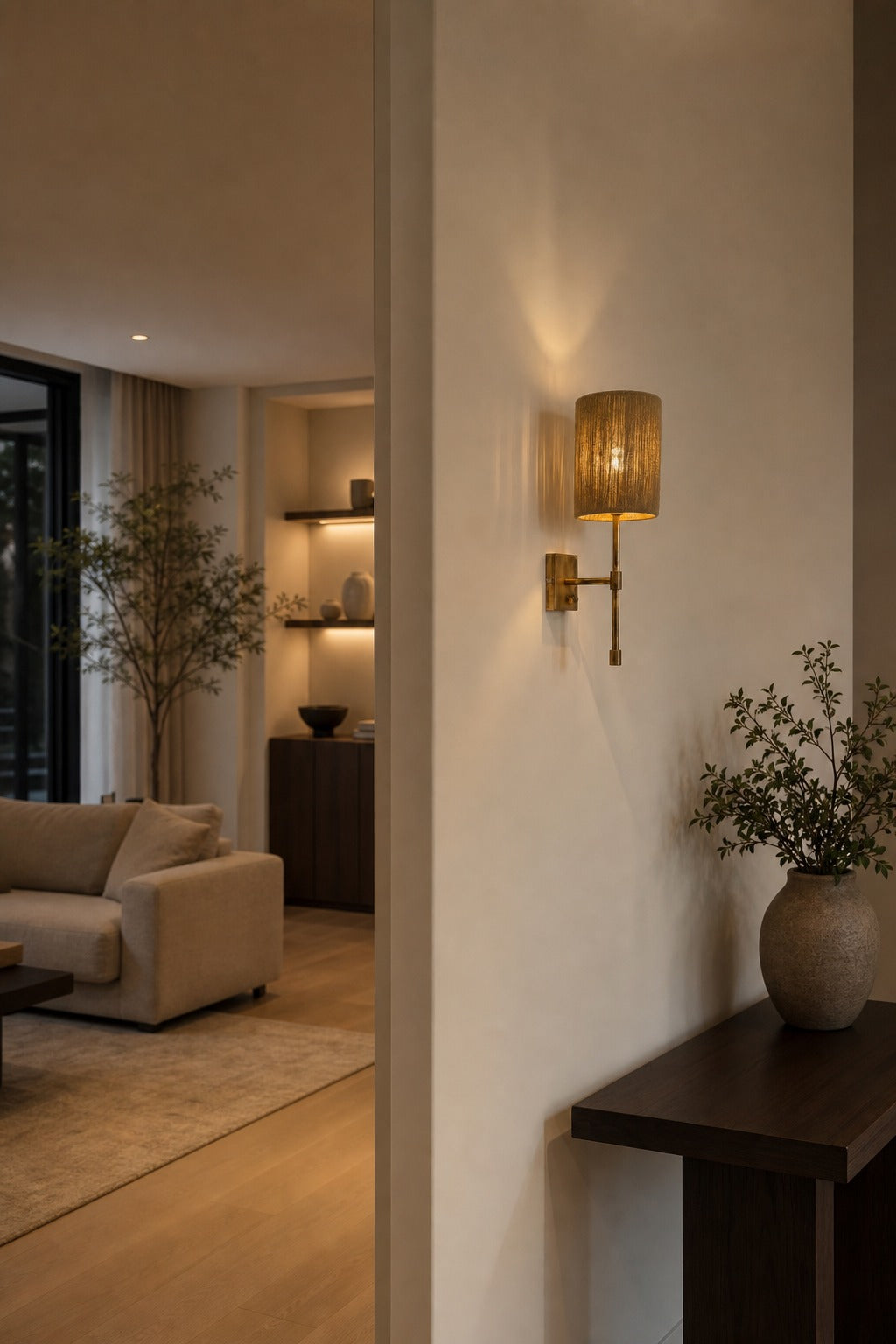 Atticus Fabric Shade Wall Sconce - Modern Brass Wall Light for Bedroom and Hallway